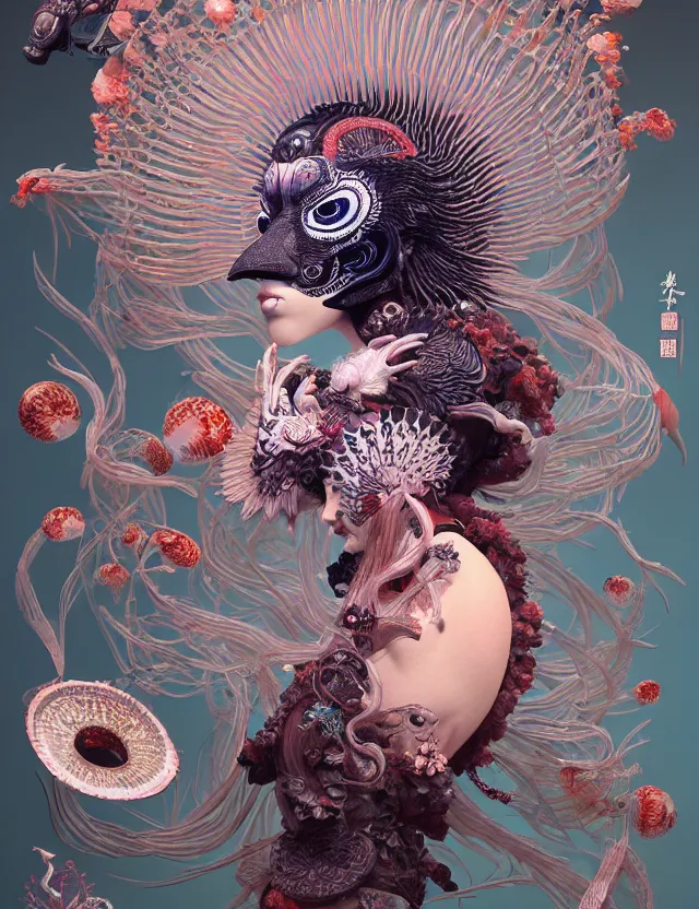 Image similar to 3 d goddess bottom - up with ram skull. beautiful intricately detailed japanese crow kitsune mask and clasical japanese kimono. betta fish, jellyfish phoenix, bio luminescent, plasma, ice, water, wind, creature, artwork by tooth wu and wlop and beeple and greg rutkowski