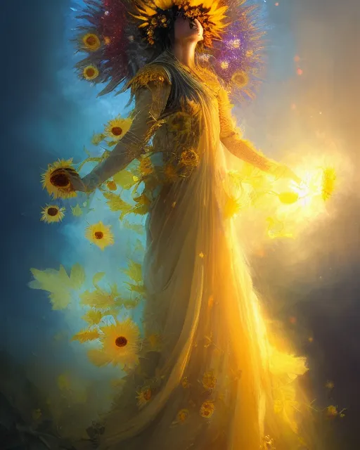 Image similar to Full View Portrait Mystical ethereal sunflower deity wearing beautiful dress, sunflower Dryad beautiful dress, 4k digital masterpiece by Greg Rutkowski and Ruan Jia and rossdraws, Alberto Seveso, fantasycore, Hyperdetailed, realistic oil on linen, soft lighting, Iconography background, featured on Artstation