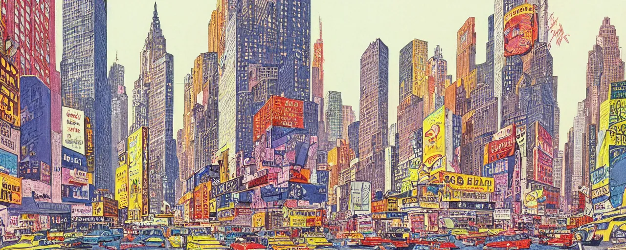 Image similar to a 2D drawing of new York in 1980s, colorful and beautiful by hiroshi yoshida