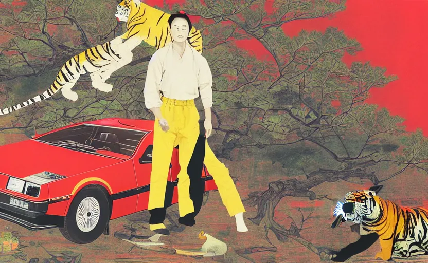 Image similar to a red delorean and a yellow tiger in ajegunle, painting by hsiao - ron cheng, utagawa kunisada & salvador dali, magazine collage style,