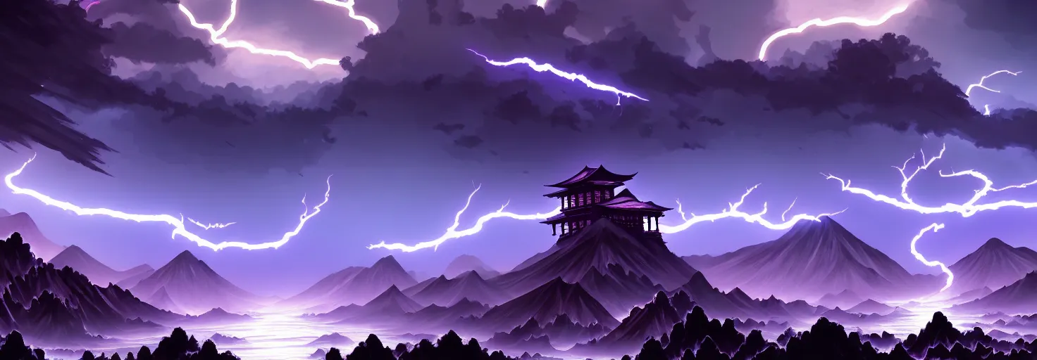 Image similar to mortal kombat location for duel atte painting, thunder, firestorm, gray color scheme, v - ray, houdini, blue, purple omnious sky, by hokusai, google, artstation