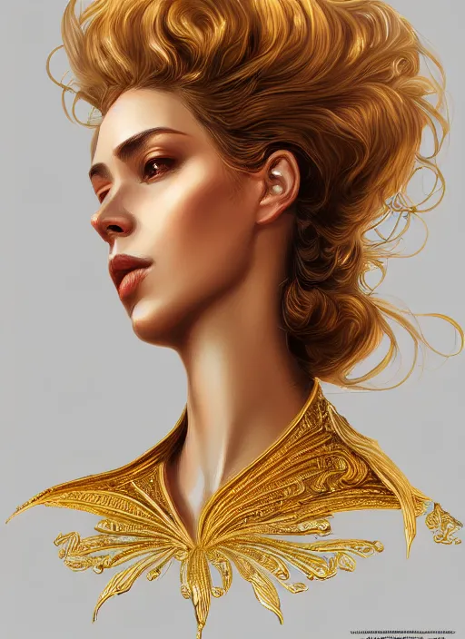 Image similar to portrait of female, gold, intricate, elegant, highly detailed, digital painting, artstation, concept art, smooth, sharp focus, illustration