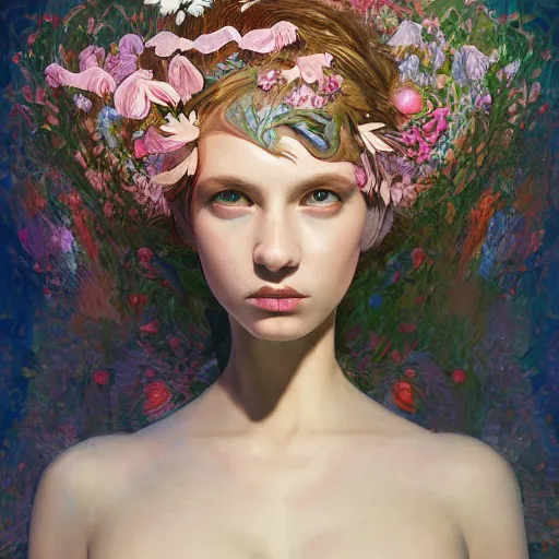 Prompt: biomorphic painting of a female with flowers, au naturel, hyper detailed, digital art, trending in artstation, cinematic lighting, studio quality, smooth render, unreal engine 5 rendered, octane rendered, art style by klimt and nixeu and ian sprigger and wlop and krenz cushart