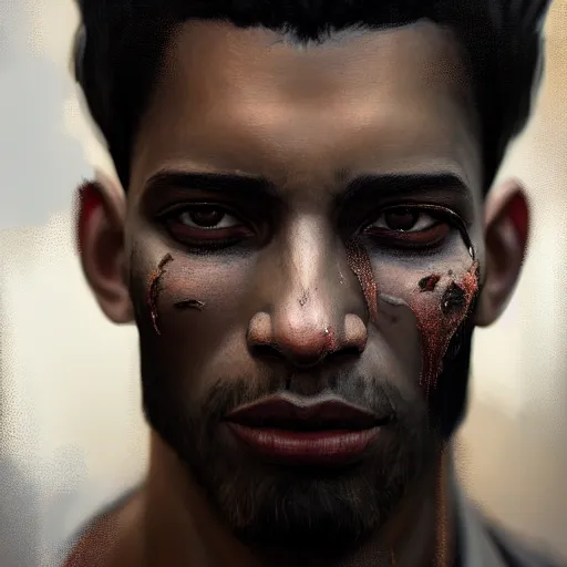 Image similar to portrait painting of a beautiful black man with blade scars and cropped hair wearing a tattered grey coat, ultra realistic, concept art, intricate details, eerie, highly detailed, photorealistic, octane render, 8 k, unreal engine. art by artgerm and greg rutkowski and charlie bowater and magali villeneuve and alphonse mucha