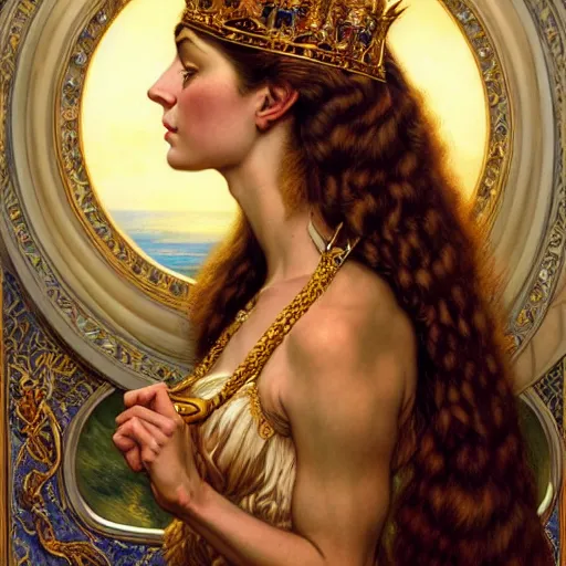 Image similar to highly detailed portrait of a majestic lioness queen in the form of a beautiful woman. d & d. art by eugene delacroix and donato giancola and anna dittmann and, arthur adams, alberto vargas. trending on artstation, intricate details, energetic composition, golden ratio, concept art, illustration, elegant art, global illuminaition