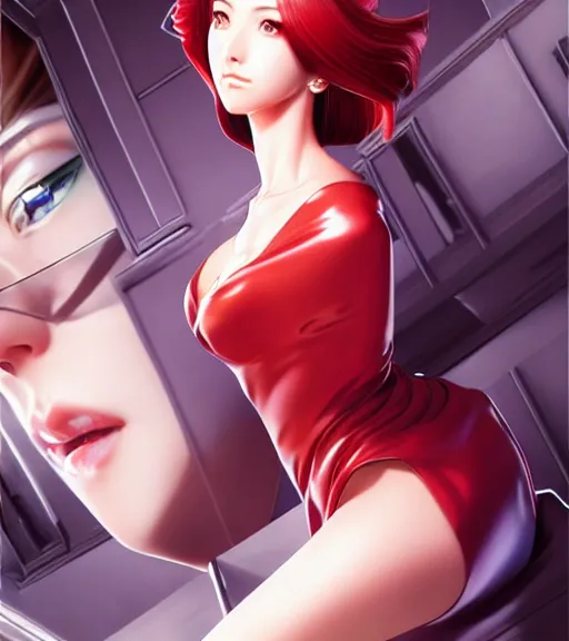 Image similar to portrait of a mega pretty woman who is a lawyer staring boredly at you by Katsuhiro Otomo, Yoshitaka Amano, Nico Tanigawa, and Artgerm rendered with 3D effect.