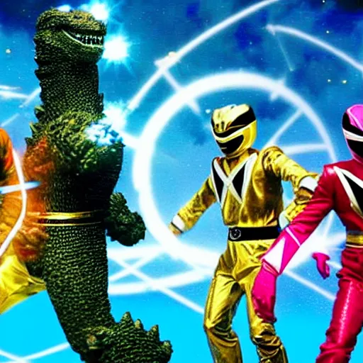 Image similar to The Power Rangers Megaforce having a break dance battle with Godzilla on top of the universe