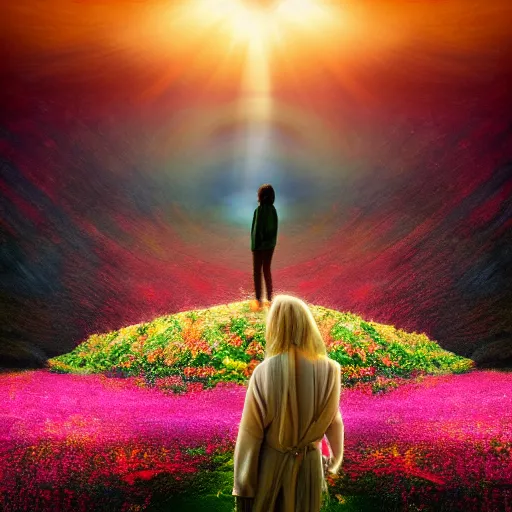 Image similar to A picture of a planet of various flowers, fungus and plants, in which the human figure is dressed in something magical and impressive, inside the picture is infinity, sunset light, Atmospheric phenomenon, artistic photography, muted colors, conceptual