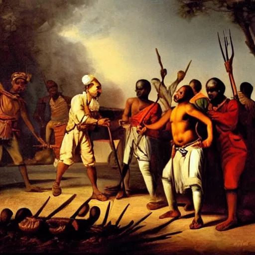 Prompt: Tula, the man leading an indentured slave revolution, Tula the king of indentured slaves freeing everybody, realistic painting, dark background, painting from 1746, high quality.