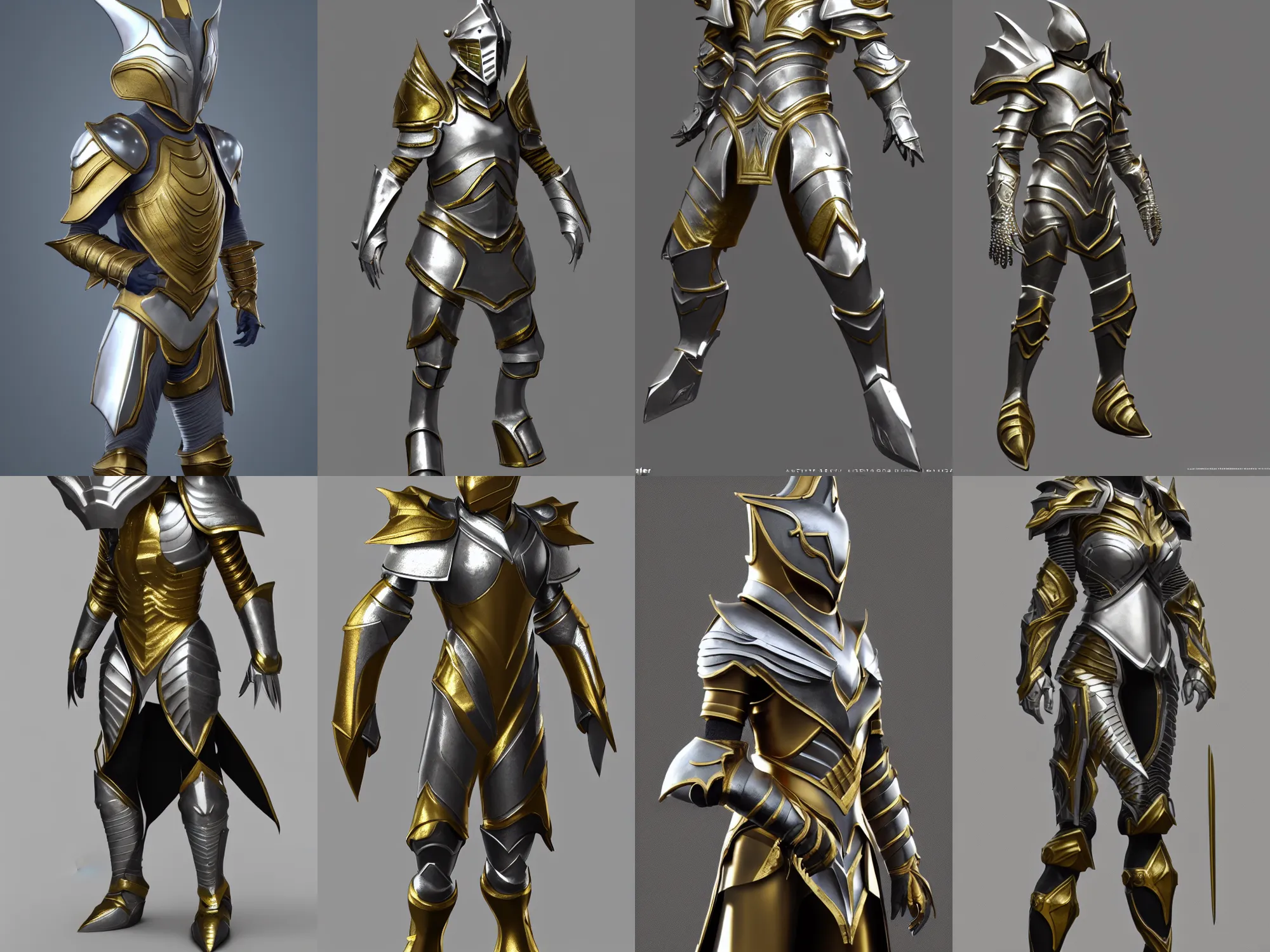 Prompt: render of fantasy armor, silver with gold trim, hyperrealistic, extremely clean, flat shading, exaggerated proportions, trending on Artstation, fantasy character concept, HD Octane render