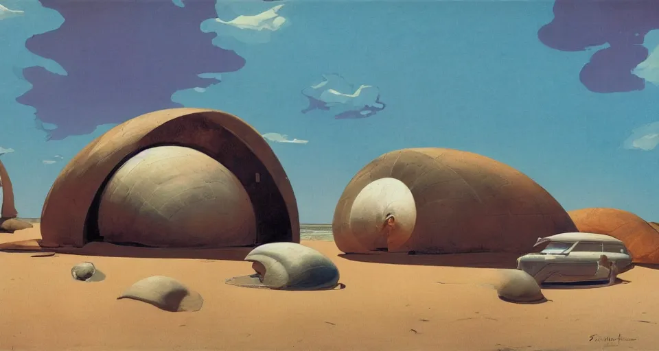 Prompt: a giant seashell house in the middle of nowhere, by syd mead, moebius, j. h. williams iii, triadic color scheme