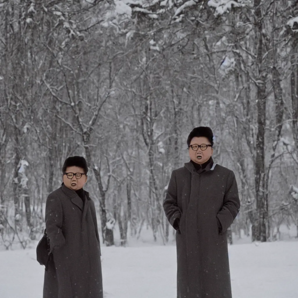 Image similar to filmstill of Kim Jong-il wearing a furry chapka and playing the role of Omar Sharif in Doctor Zhivago by David Lean, man in grey winter coat, cold Russian winter, snow and trees, Prussian architecture, old Russian interior, Doctor Zhivago movie shot, minimal composition, 1965, cinemascope, Eastman Color Negative 50T 5251 Neg. Film, epic romance