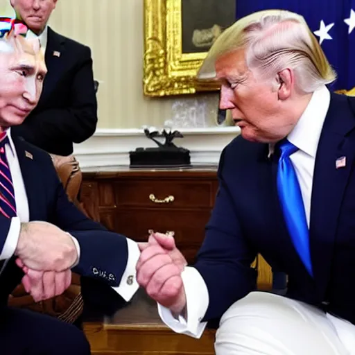 Image similar to biden and putin playing rock paper scissors in a box ring, trump is the referee