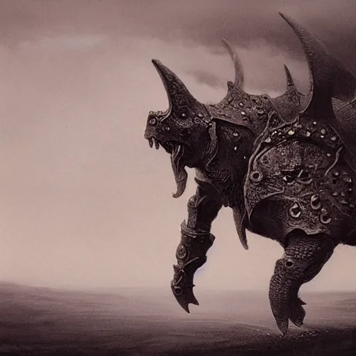 Image similar to triceratops rider in norse armor concept, beksinski