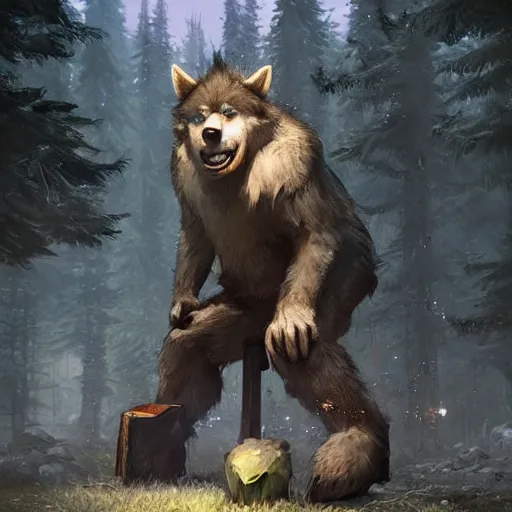 Image similar to cute handsome cuddly werewolf using a stone axe unreal engine hyperreallistic render 8k character concept art masterpiece digital art by Greg Rutkowski, Simon Stalenhag, trending on Artstation, CGSociety