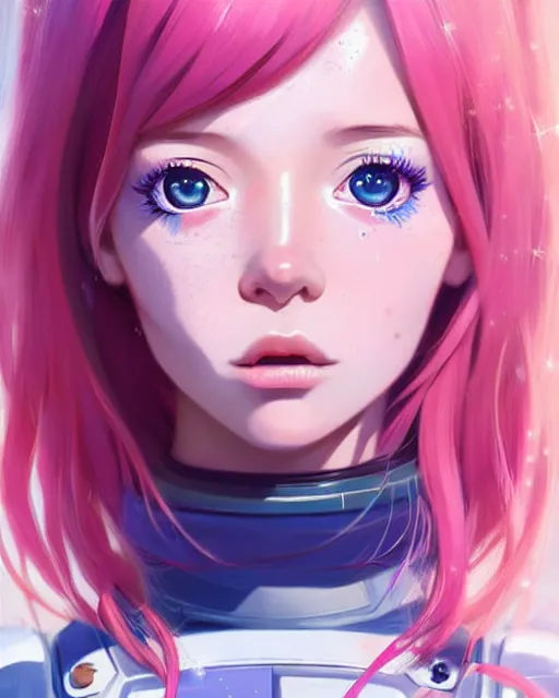 Prompt: portrait Anime space cadet girl, cute-fine-face, pretty face, realistic shaded Perfect face, fine details. Anime. realistic shaded lighting by Ilya Kuvshinov Giuseppe Dangelico Pino and Michael Garmash and Rob Rey, IAMAG premiere, aaaa achievement collection, elegant freckles, fabulous, eyes open in wonder, pink hair