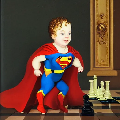 Prompt: superman baby playing chess looking wise, rococo oil painting, highly detailed