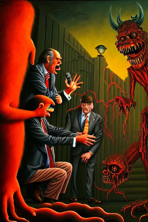 Image similar to a hyperrealistic painting of a news reporter interviewing monsters at the gates of hell, cinematic horror by jimmy alonzo, the art of skinner, chris cunningham, lisa frank, richard corben, highly detailed, vivid color,