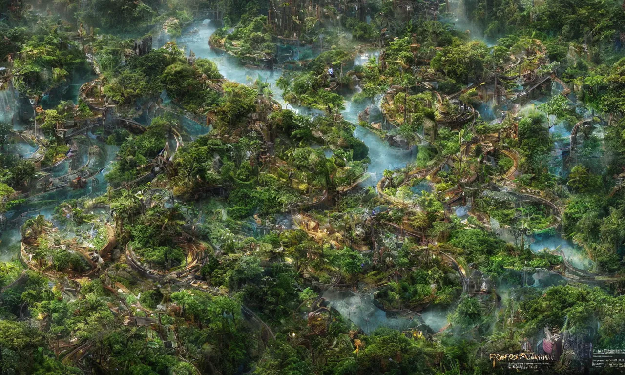 Image similar to a futuristic utopia, enchanted world, ancient amazon winding river valley deep valley taken from 3 0 meters high, otherworldly, botanical garden, waterscape, overgrowing floral lush, glistening in the morning light, 8 k, cinematic shot, weta workshop, hyper realistic, cinematography