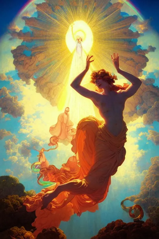 Prompt: beautiful woman opening portal to heaven and hell, vivid color, complementary color, golden ratio, detailed, sharp lines, sharp focus, intricate, rainbowshift, by maxfield parrish, by peter mohrbacher, by gustave dore, by artgerm, by alphonse mucha, deviantart, octane render