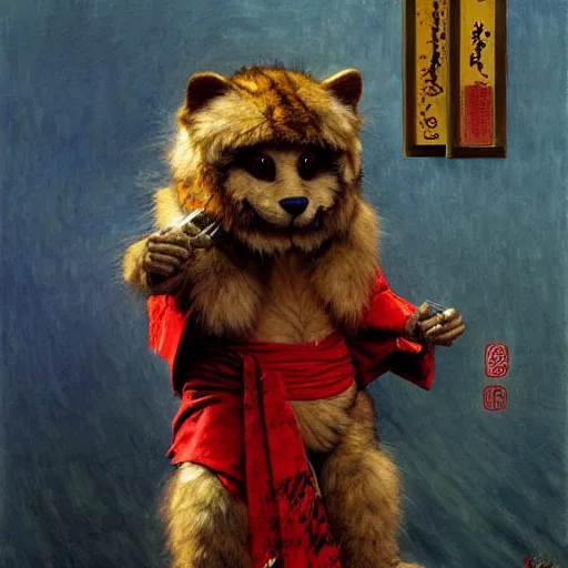 Image similar to furry splinter ninja mutant wearing a red kimono hairy furry body furry arms feet. highly detailed painting by gaston bussiere craig mullins jc leyendecker gustav klimt artgerm greg rutkowski