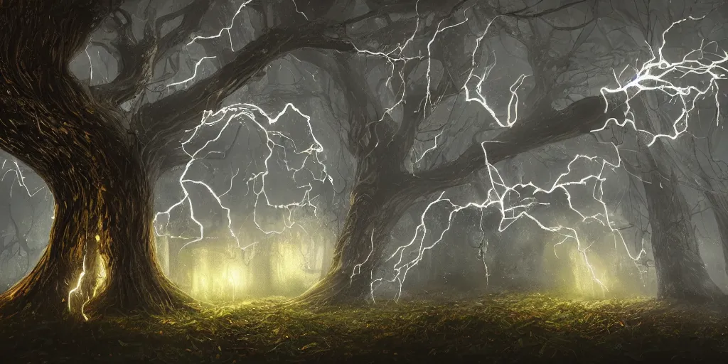 Image similar to a tree with lightning for leaves, overexposure, electricity, night, unreal engine, digital art, 8 k, oil painting, fantasy art, illustration, detailed and intricate environment