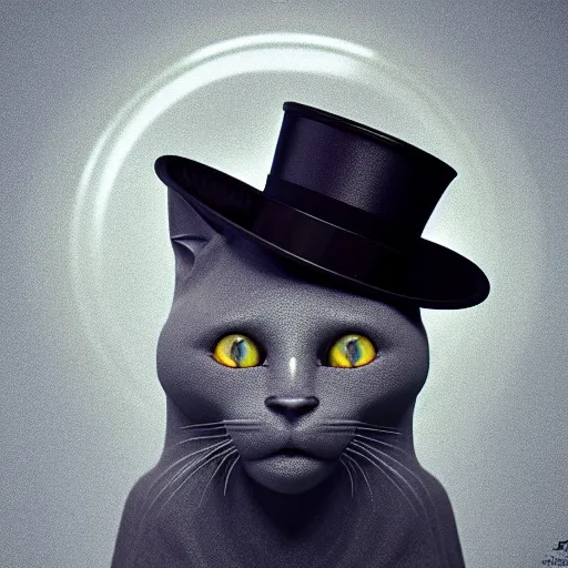 Image similar to a Russian Blue cat with amber eyes wearing a top hat, intricate detail, 3d render, octane render, god rays, depth of field, trending on artstation, 4k, hd