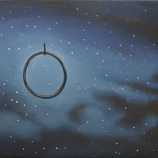 Image similar to a dark oil painting of a glowing blue ring suspended in a dark night sky
