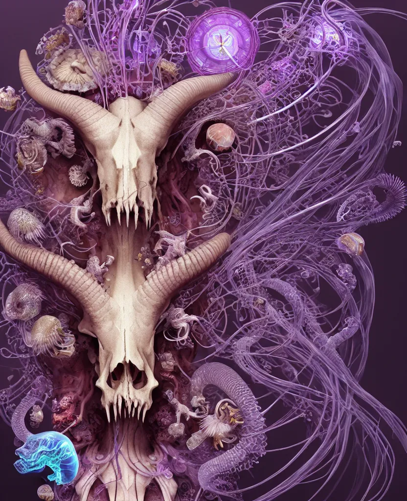 Image similar to goddess close-up portrait ram skull, thorax, x-ray, backbone, jellyfish phoenix head, nautilus, orchid, skull, betta fish, bioluminiscent creatures, intricate artwork by Tooth Wu and wlop and beeple. octane render, trending on artstation, greg rutkowski very coherent symmetrical artwork. cinematic, hyper realism, high detail, octane render, 8k