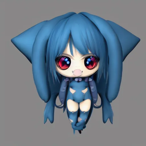 Prompt: cute fumo chibi plush imp, black and blue with hearts, soft shadow, vray