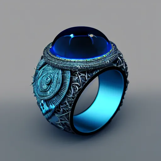 Image similar to a fantasy ring, blue glow, realistic reflections, intricate details, cinematic lighting, depth of field, octane render