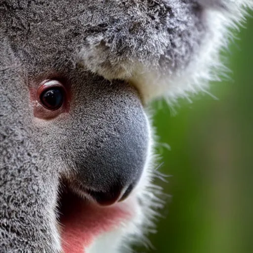 Image similar to award winning nature photograph of a koala with a beak. the beak is a parrot's beak. focus on the beak. extreme detail, hyperrealistic photo, smooth, trending on artstation