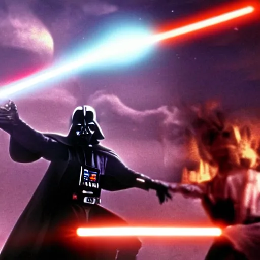 Prompt: darth vader fighting alien jedi in a cinematic movie shot from 1 9 7 0