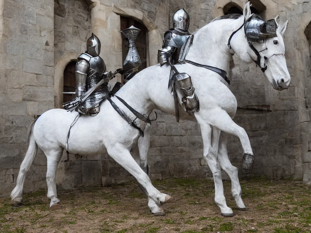 Image similar to anthropomorphic cartoon gray horse dressed up as a knight