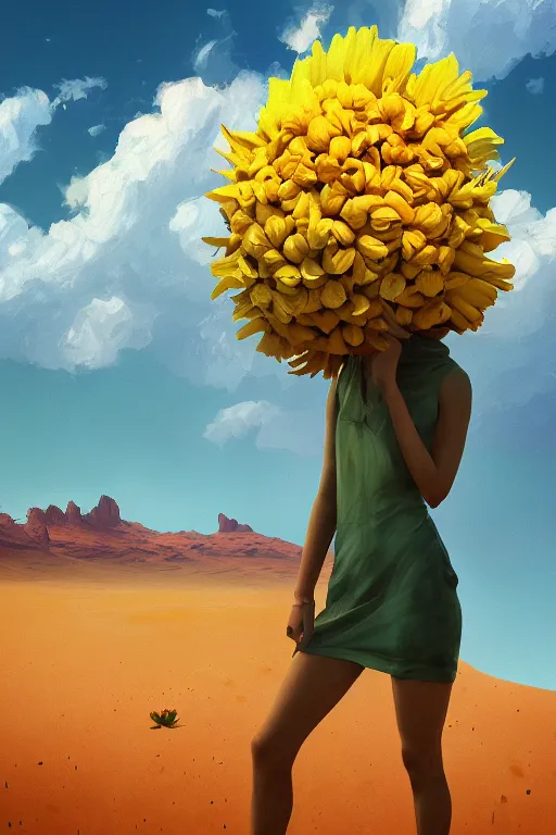 Prompt: closeup, massive flower head, girl in desert, surreal photography, wind and cold, dramatic sky, impressionist painting, digital painting, artstation, simon stalenhag