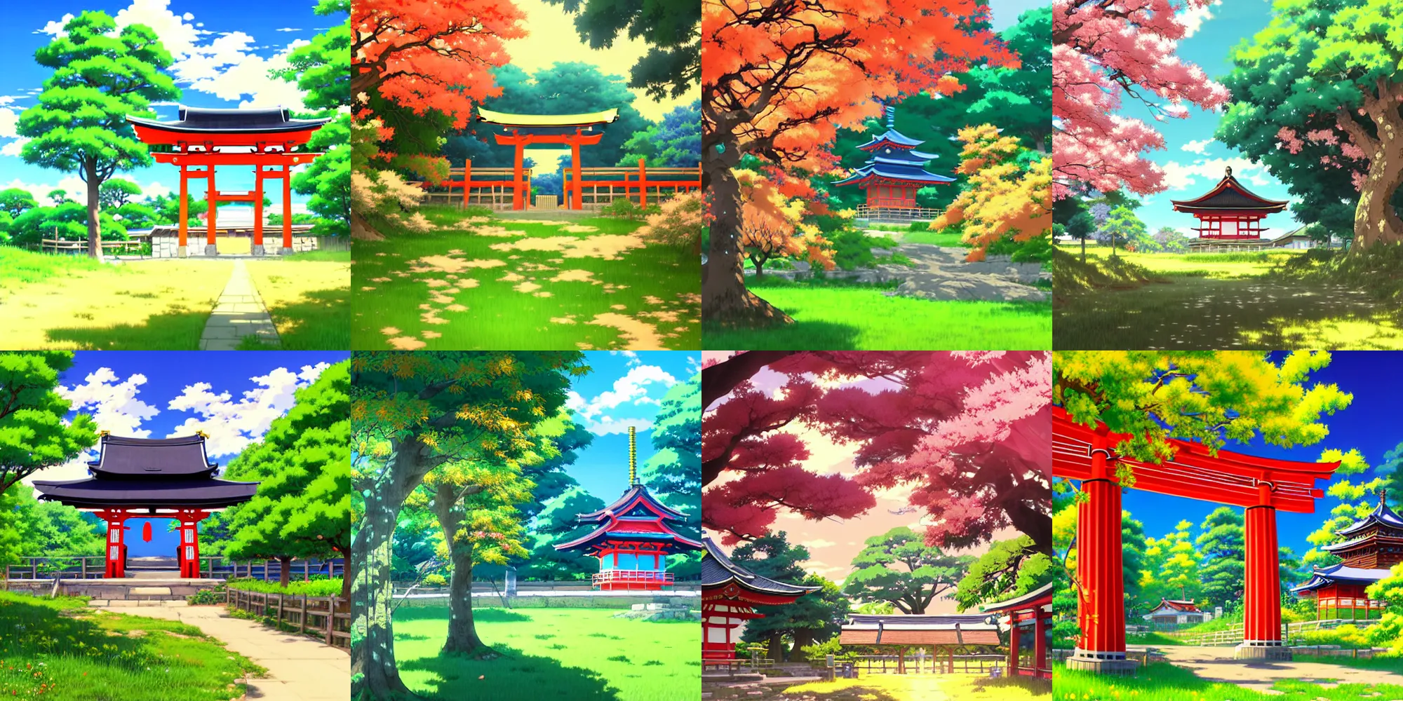 Prompt: anime background painting still film anime shikishi, a shrine torii with apple trees and village house, ultradetailed beautiful by ilya kuvshinov yoshinari yoh makoto shinkai katsura masakazu kyoani, joyous wide memorable, crisp and sharp cel shade ambient dark n