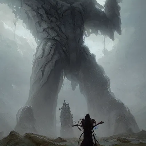 Image similar to an immense huge gigantic beautiful terrifying pale humanoid giant looms over a tiny human. dramatic fantasy art by greg rutkowski