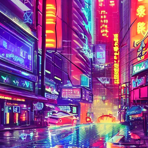 Image similar to futuristic Sci-fi cyberpunk neo-Tokyo at night in the rain. Neon lights and signs. Flying cars. Watercolour