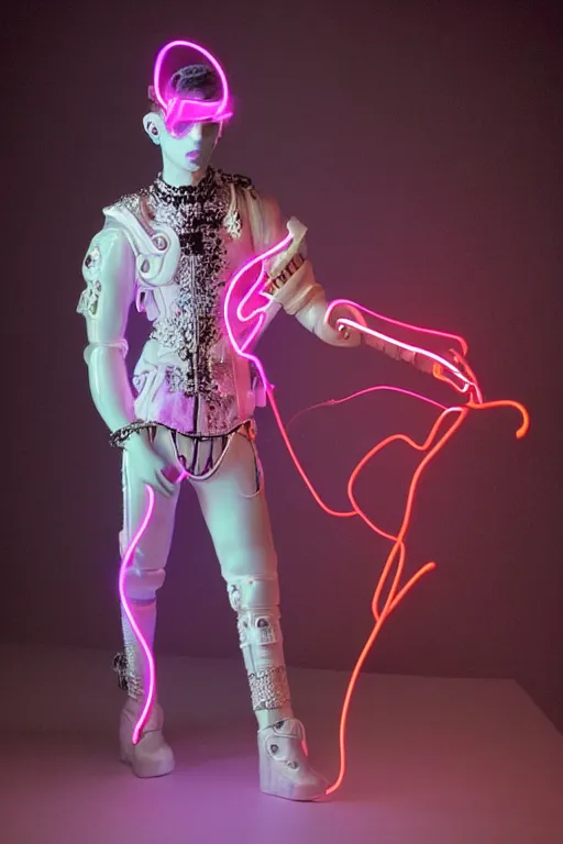 Image similar to full-body neon bladerunner porcelain baroque greek style sculpture of a young prince Zayn Malik as a high-fashion half-robot wearing retro shades with a porcelain body with an opening exposing a battery leaking radioactive liquid, electric sparks, glowing violet laser beam eyes, crown of giant rubies, flowing pink and orange neon-colored silk, luminescent fabrics, mechanical raptors. baroque and steampunk elements. full-length view. baroque element. intricate artwork by caravaggio. Very very very very highly detailed epic photo of face. Trending on artstation, octane render, cinematic lighting from the right, hyper realism, octane render, 8k, depth of field, 3D