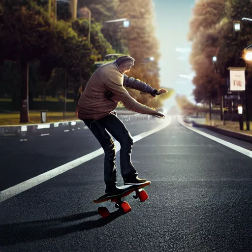Prompt: a man skateboarding on a road made of bubbles digital painting, matte painting, in the style of Beeple, 8k, highly detailed