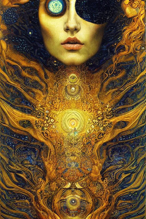 Image similar to Divine Chaos Engine by Karol Bak, Jean Deville, Gustav Klimt, and Vincent Van Gogh, beautiful visionary mystical portrait, sacred, otherworldly, fractal structures, ornate gilded medieval icon, third eye, spirals