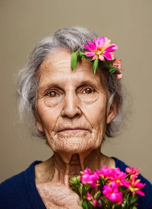 Prompt: portrait of a 7 6 year old woman, symmetrical face, flowers in her hair, she has the beautiful calm face of her mother, slightly smiling, ambient light