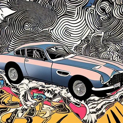 Image similar to colorful!!!!! mcbess illustration of a vintage aston martin