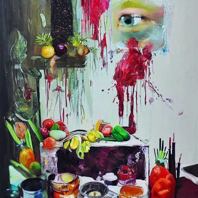 Prompt: “ a portrait in a female art student ’ s apartment, sensuous, vegetables, art supplies, paint tubes, palette knife, pigs, ikebana, herbs, a candle dripping white wax, squashed berries, berry juice drips, acrylic and spray paint and oilstick on canvas, surrealism, neoexpressionism ”