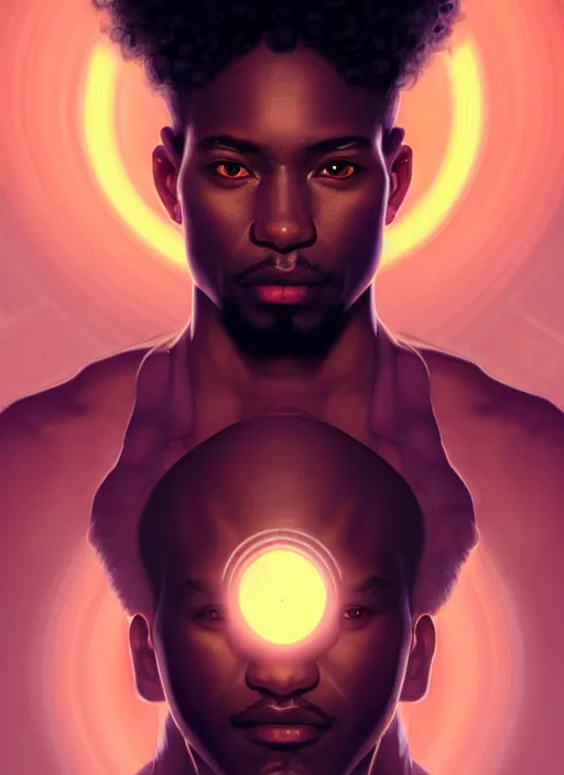 Image similar to symmetry!! portrait of african man warrior, curly hair, tech wear, glowing lights!! intricate, elegant, highly detailed, digital painting, artstation, concept art, smooth, sharp focus, illustration, art by artgerm and greg rutkowski and alphonse mucha