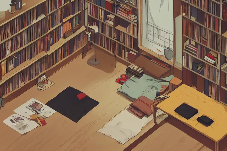 Image similar to a room of a japanese young man, bookshelves, cd, tiny, clean and tidy, small balcony, tatami, warm, cozy, isometric art, bright, artstation, highly detailed, cinematic lighting + masterpiece, life is strange, illustration