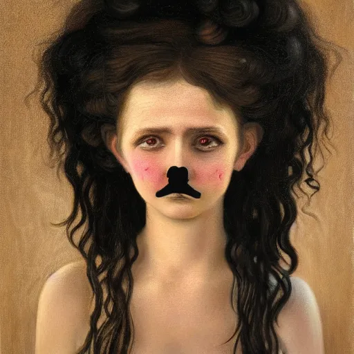 Image similar to a detailed portrait painting of a goth girl with big hair, she is crying, in the style of Raffael and Grant Wood, 4k,
