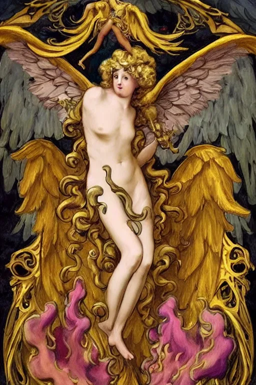 Prompt: a beautiful fallen angel, full of flamboyant costumes, 6 golden wings, in hell, surrounded by skeletons, art nouveau. rococo style, flamboyant colors