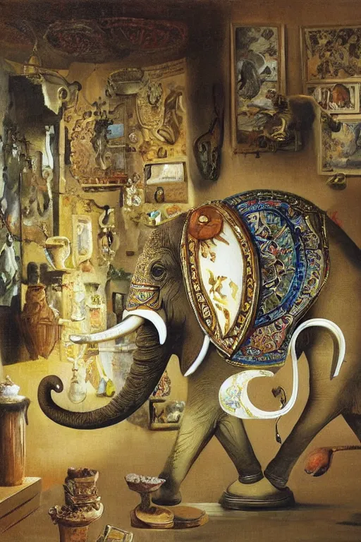 Image similar to one elephant in a porcelain shop, cgsociety, oil painting by dali