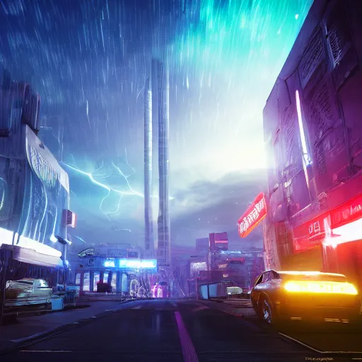 Image similar to space city, neon lightning, movie still, cinematic lightning, octane render, splash art, dystopian